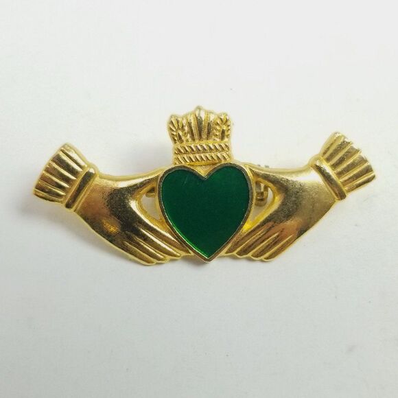 Vintage Claddagh Crown Heart Hands Brooch, Gold Tone Green Irish Ireland - Picture 1 of 6